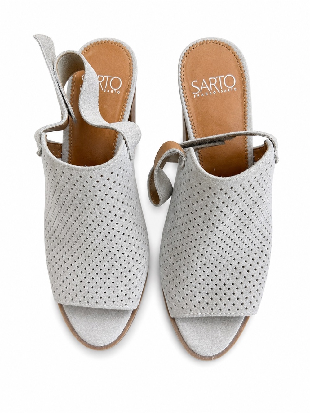 SARTO by Franco Sarto Gray Perforated Suede Block Heel Sandals